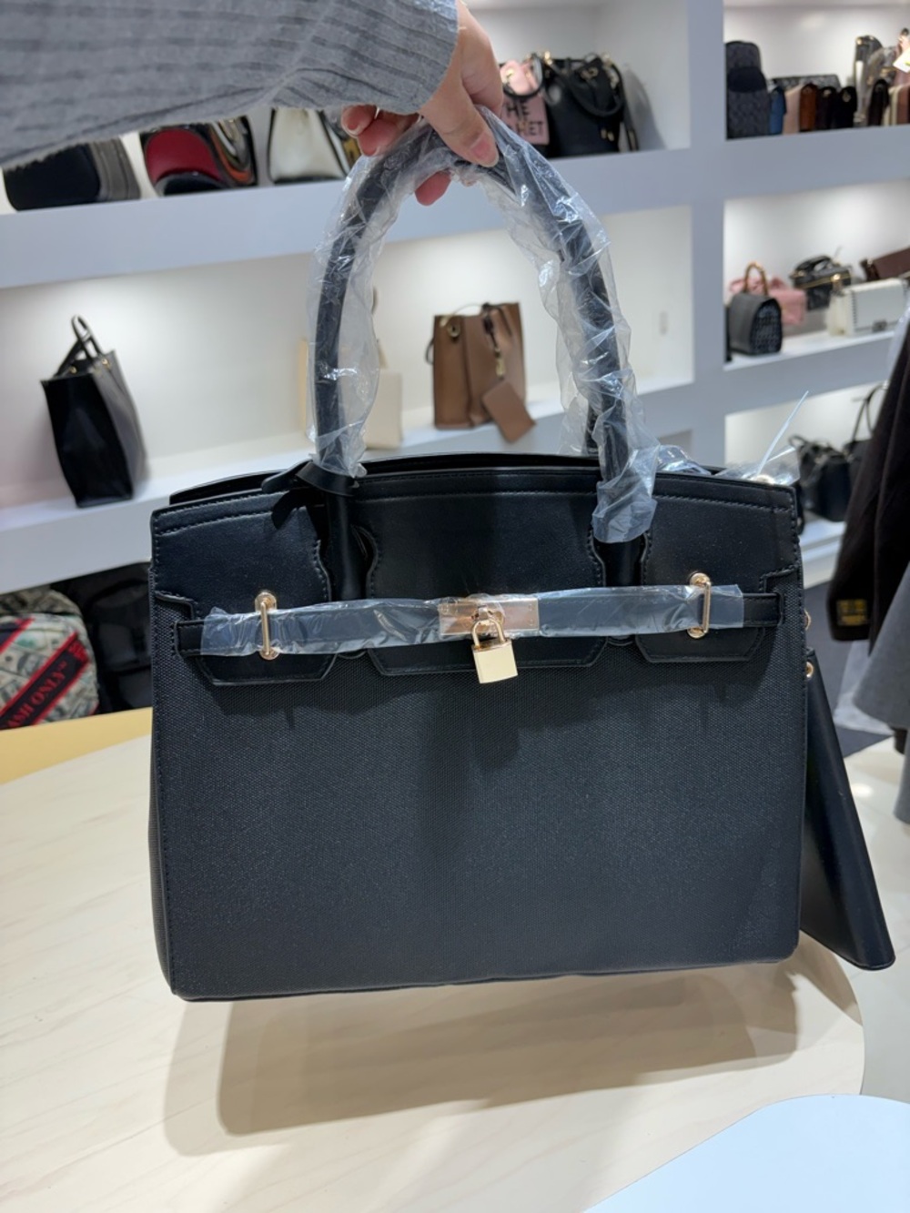 Black Structured Top-Handle Satchel with Gold Hardware